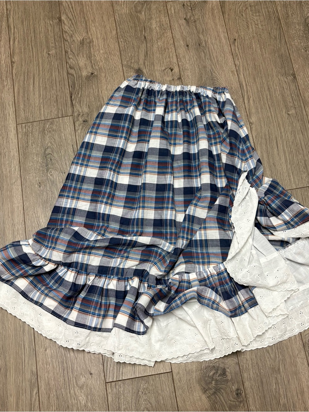 Vintage plaid midi skirt lace eyelet trim